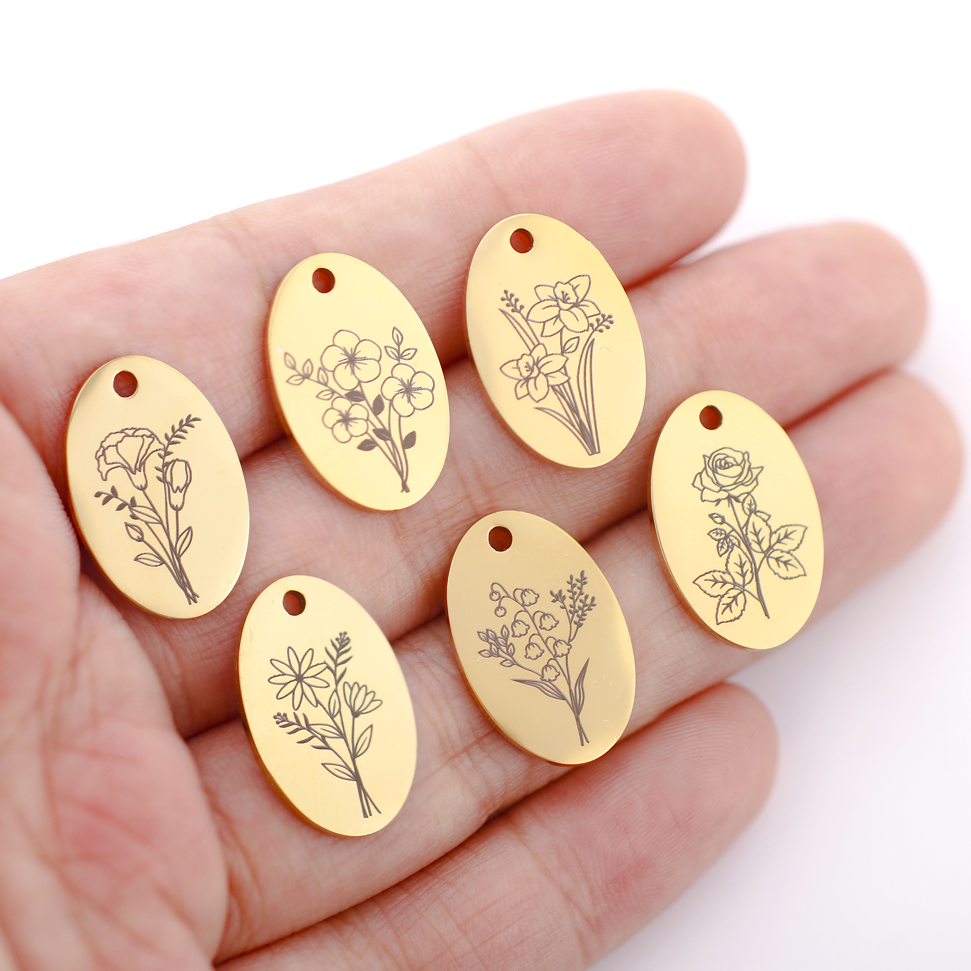 Charm Necklace Dainty - 5Pcs Oval Birth Month Flower Pendants