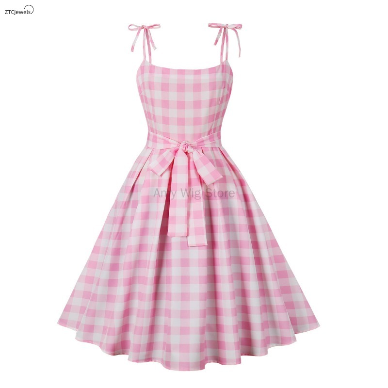 Women'S Accessories In The 1950S - Summer Pink Plaid Dress for Women