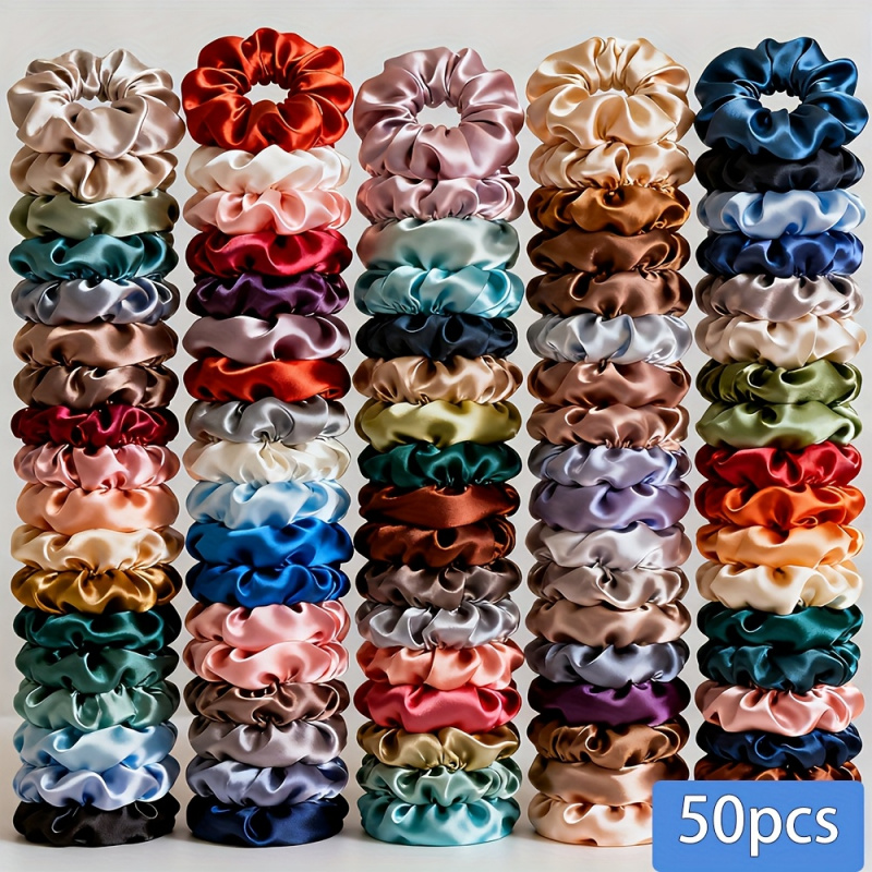 Scrunchie Satin Set - 50pcs Satin Scrunchies, Elegant Hair Ties,