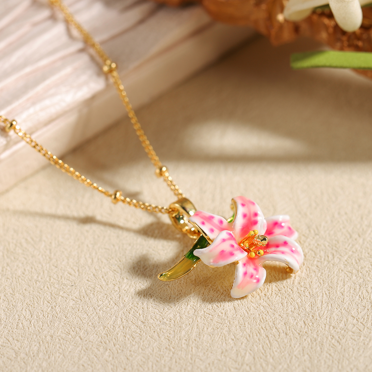 Charm Necklace Dainty - Elegant Pink Lily Flower Pendant Necklace
